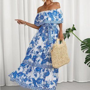 Blue Boho Womens Floral Print Off Shoulder Ruffle Hem Belted Dress